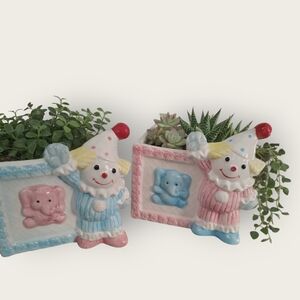 Clown Planter Set with Pink and Blue Accents- Boy Girl Twins